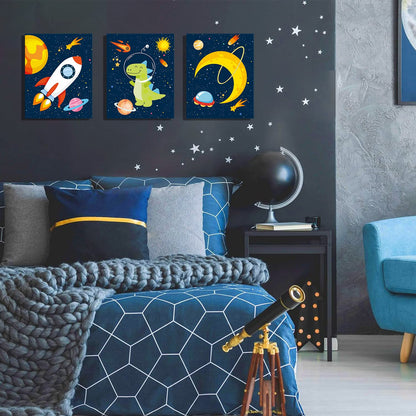 KAIRNE Outer Space Dinosaur Room Decor,Solar System Stars Wall Canvas Poster,Set Of 4 (8X10inch,framed) Planet Astronaut Art Print,Rocket Decor for Boys Room Toddler Kids Room Classroom Space Decor