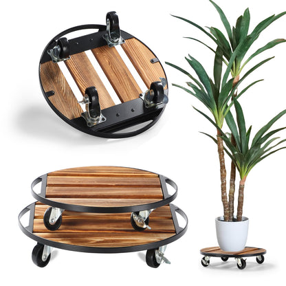 2 Pack Plant Caddy with Wheels,14" + 12" Rolling Plant Stand 264 LB Heavy Duty, Iron and Wood Round Plant Dolly with Metal 360° Lockable Wheels for Outdoor Indoor Large Plant Pots, Patio, Flower Pot