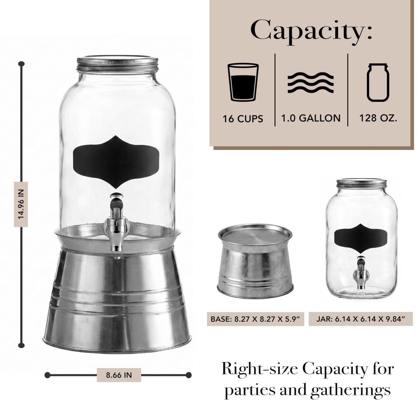 Style Setter Bristol Beverage Dispenser with Blackboard and Ice Bucket Stand Cold Drink Wine Juice with 1 Gallon Capacity Glass Jug and Leak-Proof Acrylic Spigot Great for Parties, Weddings and More