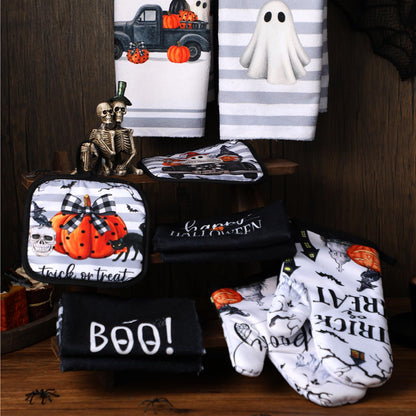 Teenyyou 11 Pcs Halloween Kitchen Mats Oven Mitts Towels and Pot Holders Set Hey Boo Rugs Ghost Kitchen Towels Pot Holders Pumpkin Oven Mitts for Halloween Home Cooking Decor Party Gift