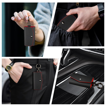 Leather Keychain Wallets Portable Key Holders Pouch Multiple Key Organizer, Key Holder with 6 Hooks for Men or Women,Carbon Fiber Pattern,Red