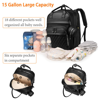 Astro alan Baby Diaper Bag Backpack with Changing Station, Waterproof Large Capacity Diaper Bag for Moms and Dads, Plant-Based Leather with USB Charging Port, Baby Gift for New Parents, Black