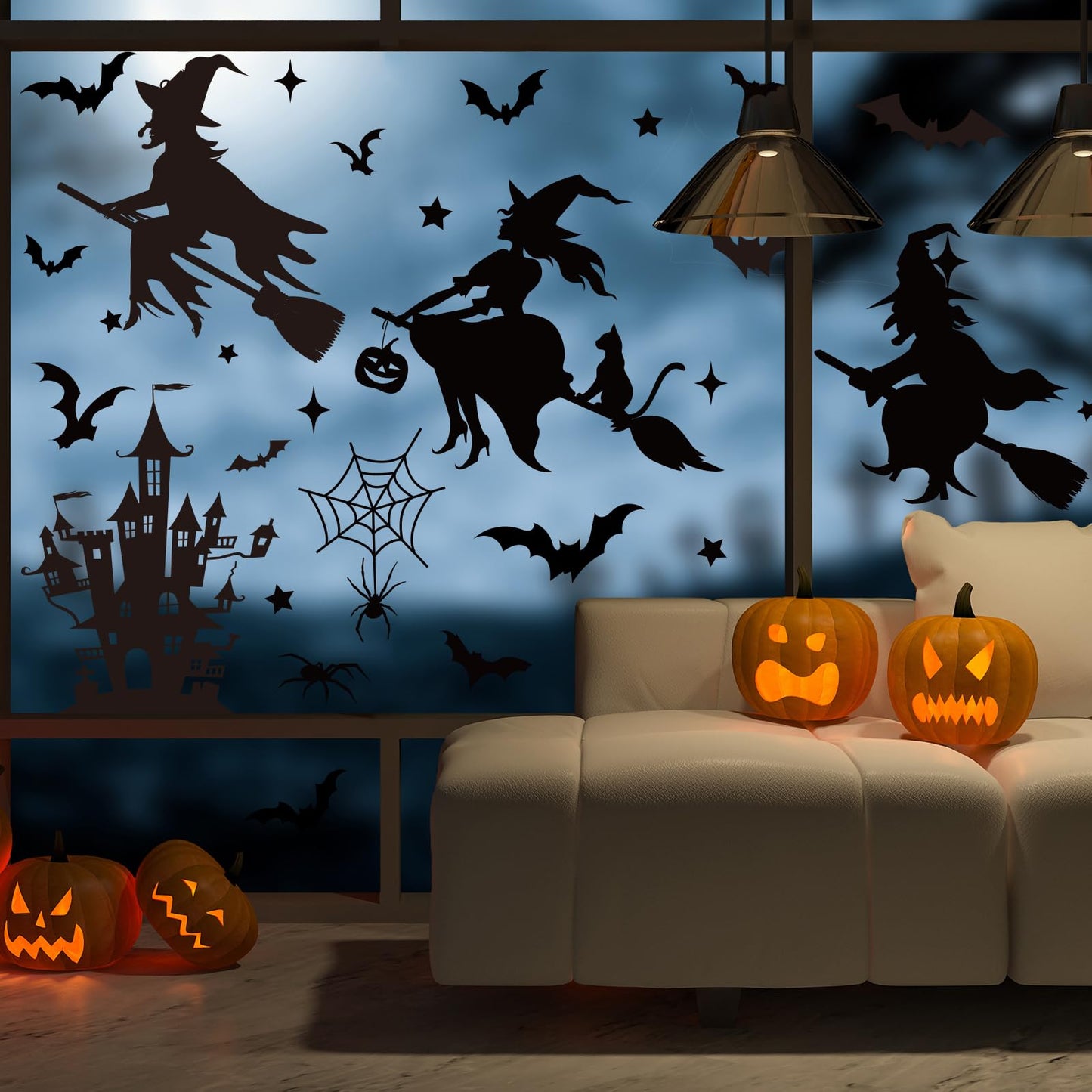 JarThenaAMCS Extra Large Halloween Window Clings Black Witch Castle Bat Window Stickers Double-Sided Glass Decals for Home Classroom Office Party Decoration, 4 Sheets