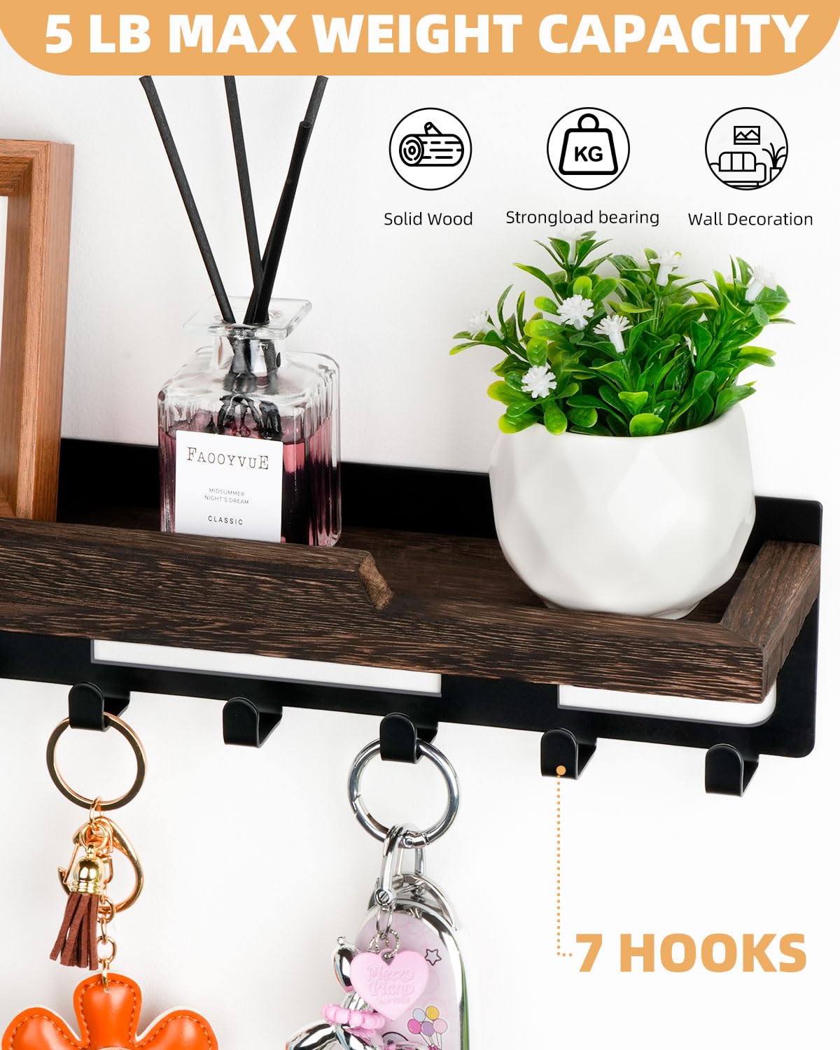 lucdnc Key Holder for Wall with Tray,Decorative 7 Metal Hooks and Paulownia Wood Shelf,Entryway Organizer for Mail,Keys,Sunglasses -Wall Mounted Key Hooks for Office Home Decor Key Rack