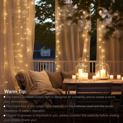 echosari 300 LED Curtain Lights Battery Operated, 9.8ft×9.8ft Hanging Lights with Remote Timer Fairy Curtain Lights for Bedroom Patio Wedding Backdrop Party Decór (Warm White)