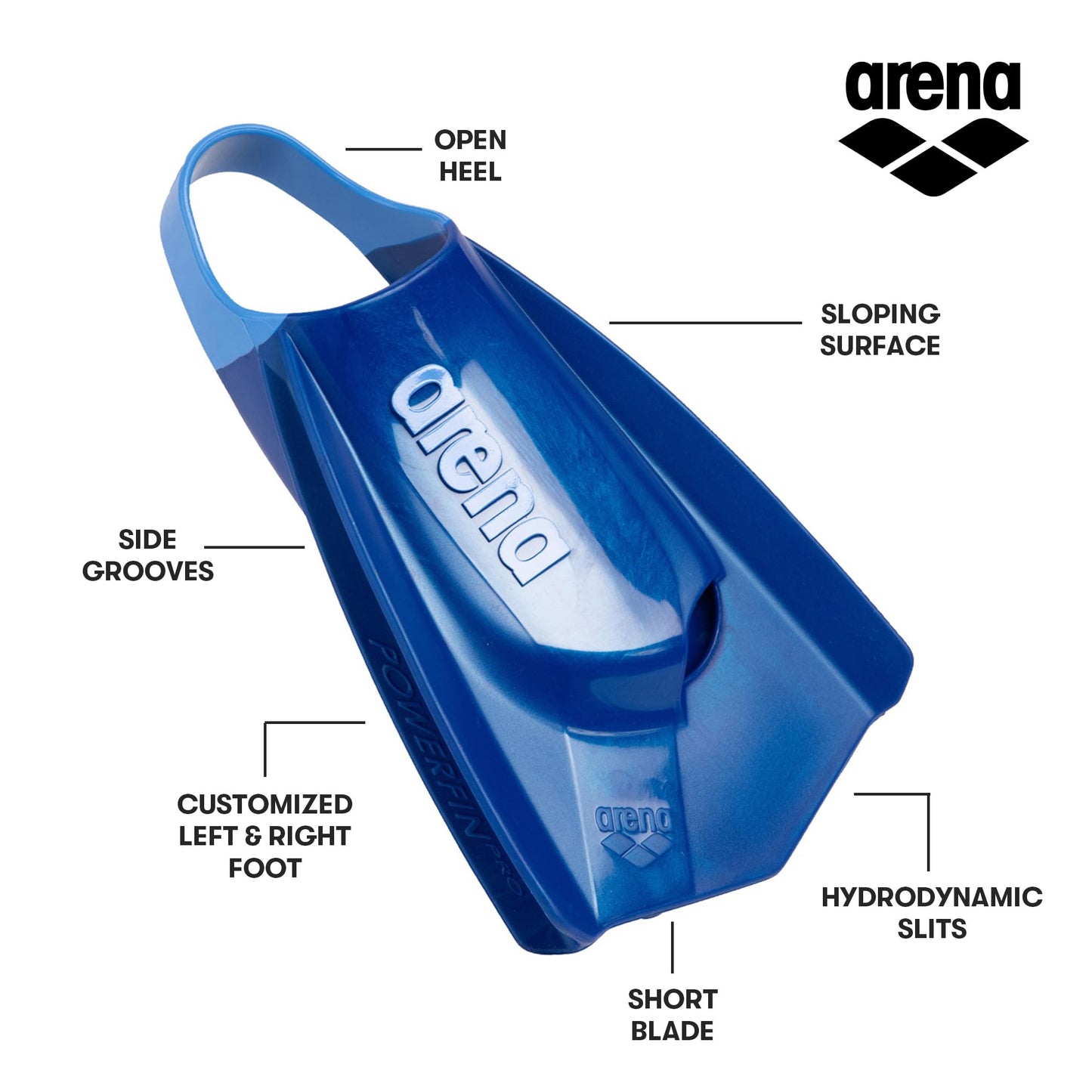 Arena Unisex Adult Powerfin Pro II Swim Training Fins Men and Women Silicone Short Blade Flippers Left/Right Customized, Blue, Size 9.5-10.5