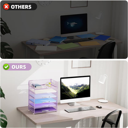 Marbrasse 2 Pack Desk Organizer with Handle, 6 Tier Paper Letter Tray, Mesh Desk File Organizer for Office, School and Home - Purple