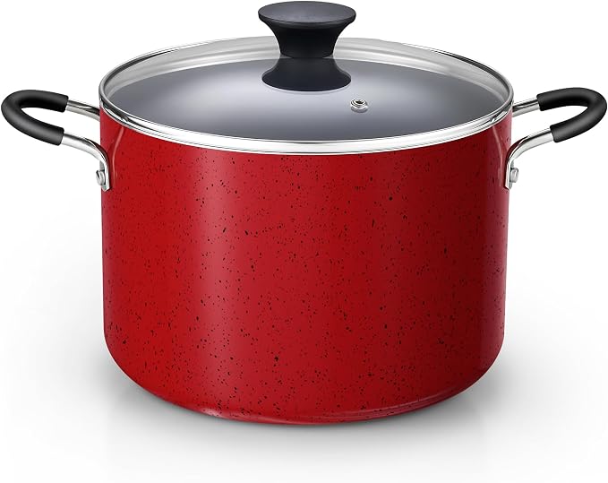Cook N Home Professional 8 Quart Non Stick Stock Pot with Lid, Riveted Handles, Big Soup Pot for Holiday Feasts, Stockpot with Even Heating, Induction Cookware, Oven & Dishwasher Safe, Marble Red