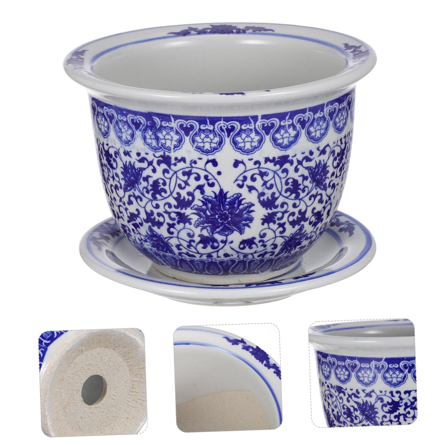 BESPORTBLE Blue and White Porcelain Decorative Flower Pot Ceramic Planter Pot with Drainage Hole and Saucer for Bonsai Plants Flower Aloe Indoor Home Decoration, 6.6 * 4.68in