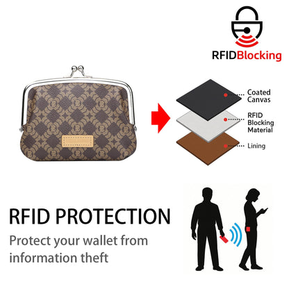 Royal Bagger RFID Coin Purses for Women, Fashion Kiss Lock Change Pouch, Double Clip Key Card Storage Bag,Signature Coated Canvas & Vegetable-Tanned Cowhide Leather 2858 (Coffee)