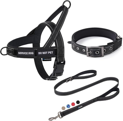 Annchwool No Pull Dog Harness,Heavy Duty Reflective Collar & Leash Set-Leash with Double Handle & Car Seatbelt Clip-Easy Control for Walking Training Medium Large Size Dogs(Black,XL)