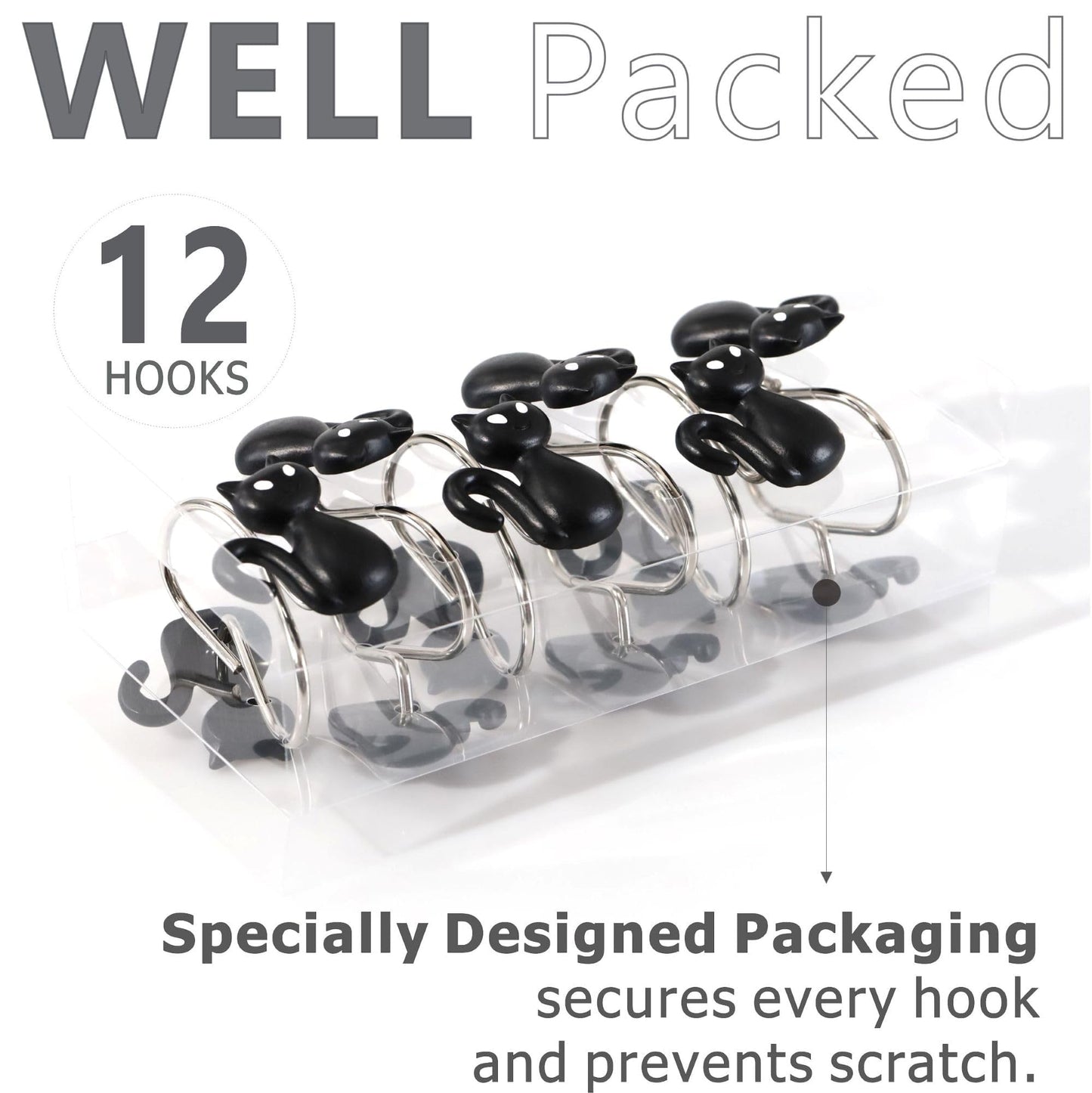 Halloween Black Cat Shower Curtain Hooks：12 Pcs Cute Spooky Gothic Cat Design with Rustproof Stainless Steel Rings - Haunted House Witchy Ghost Horror Theme Decorative Hooks for Bathroom Bedroom Décor