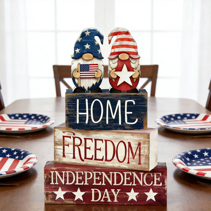 4th of July Table Decorations Patriotic Memorial Day Tiered Tray Decor Wooden Gnome Block Signs Independence Farmhouse 250th July Fouth Centerpiece for Tables Wooden Sign for Home Decor