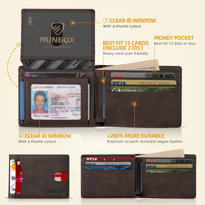 RUNBOX Wallet for Men - Slim Rfid Leather Bifold 2 ID Window With Gift Box Men's Accessories