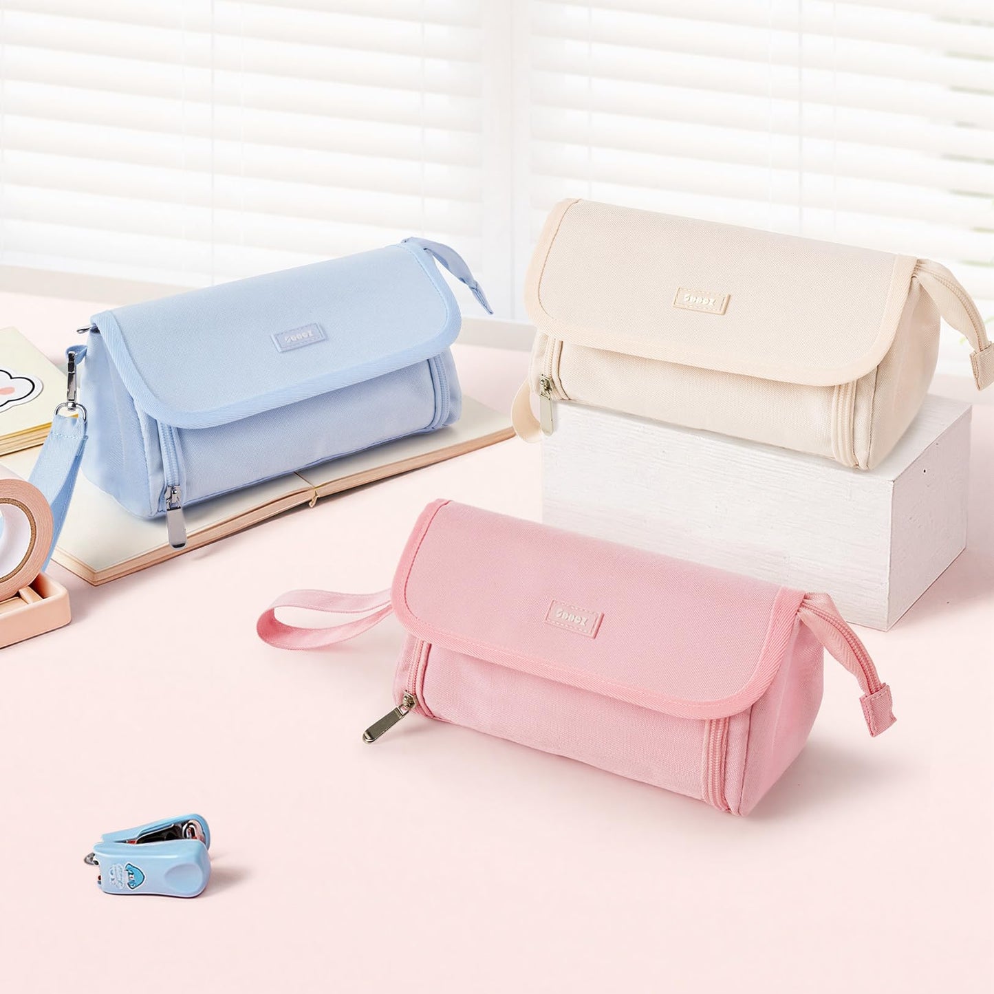 Sooez Super Large Pencil Case, Big Capacity Pencil Bag with 3 Compartments, can hold 100 pencils,Cute Pencil Pouch with Zipper,Portable Stationery Pen Bag,Aesthetic School Supplies For Girls,Haze Blue