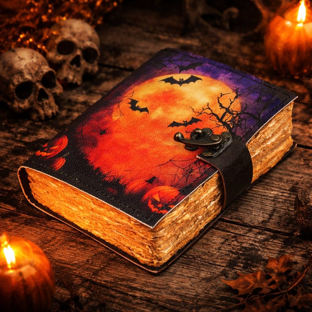 cuero Leather Halloween Journal with Pumpkin & Bat Print, Vintage Handmade Diary with Antique Metal Lock, Thick Handmade Paper, Gothic Notebook for Writing, Sketching & Gift (6.5 x 5)