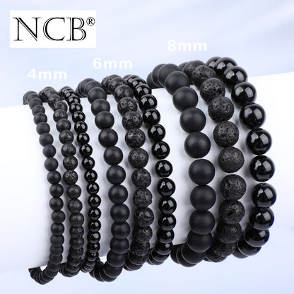 NCB 3-Piece 6mm Natural Crystal Gemstone Stretch Bracelets – ﻿Black Lava, Black Onyx, Matte Black Agate Handmade Reiki Energy Healing Jewelry for Meditation,Yoga, Unisex