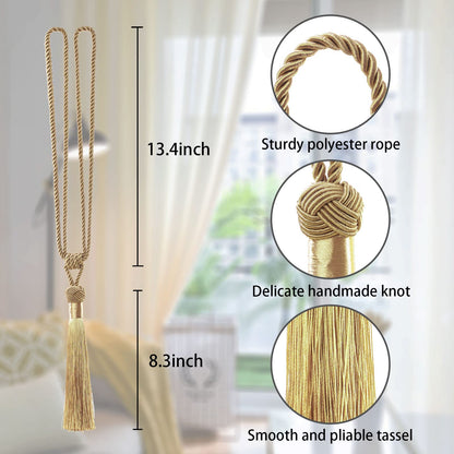 NICEEC 4 Pack Long Tassel Curtain Tiebacks Handmade Braided Rope Knot Drape Tie Backs European Style Decorative Curtain Holdbacks for Home & Office Window Drapery (Gold)