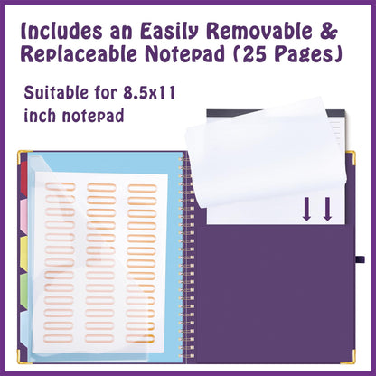 HAUTOCO Clipboard Folio with Refillable Lined Notepad for Letter Size (11" x 8.5"), 5 Dividers with 10 Pockets, Elastic Pen Holder and File Folder Labels, Spiral Nurse Clipboard Artboard(Dark Purple)