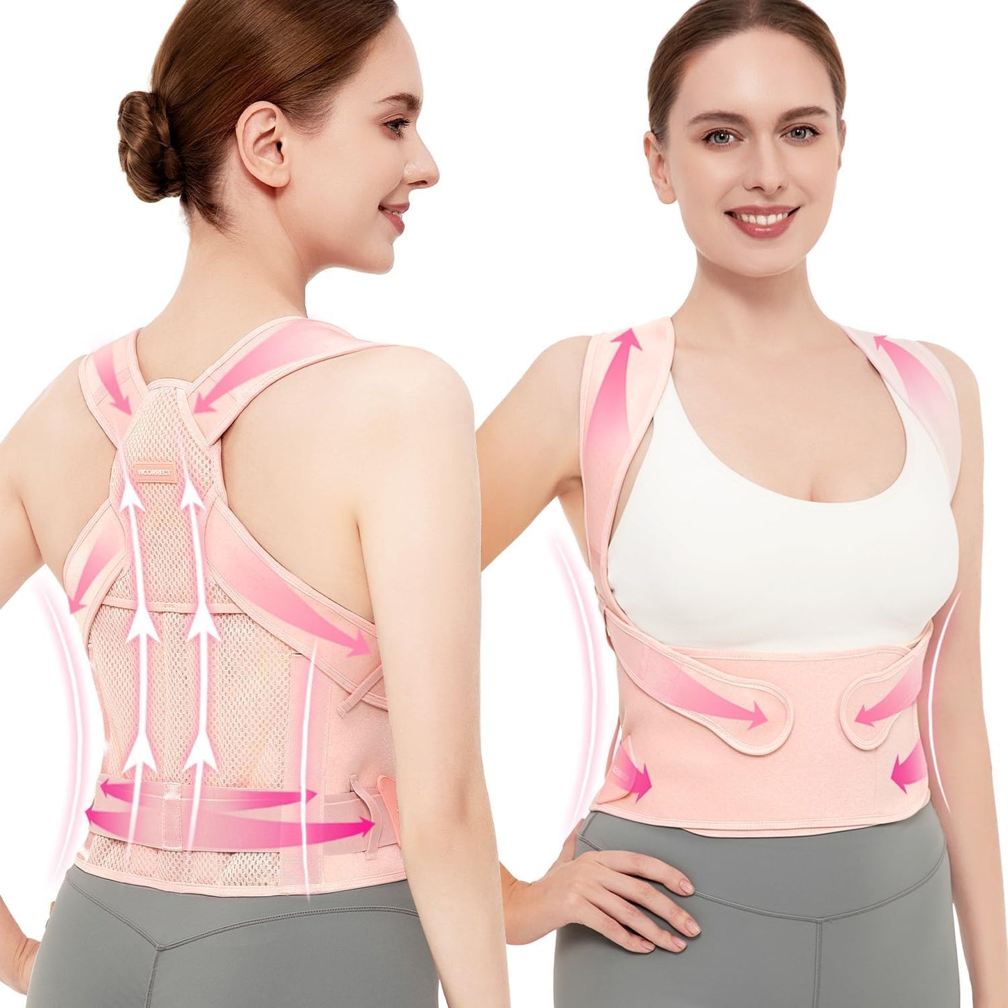 Vicorrect Posture Corrector for Women and Men: Back Support Brace Upper Back Shoulders Pain Relif (Pink, Medium)