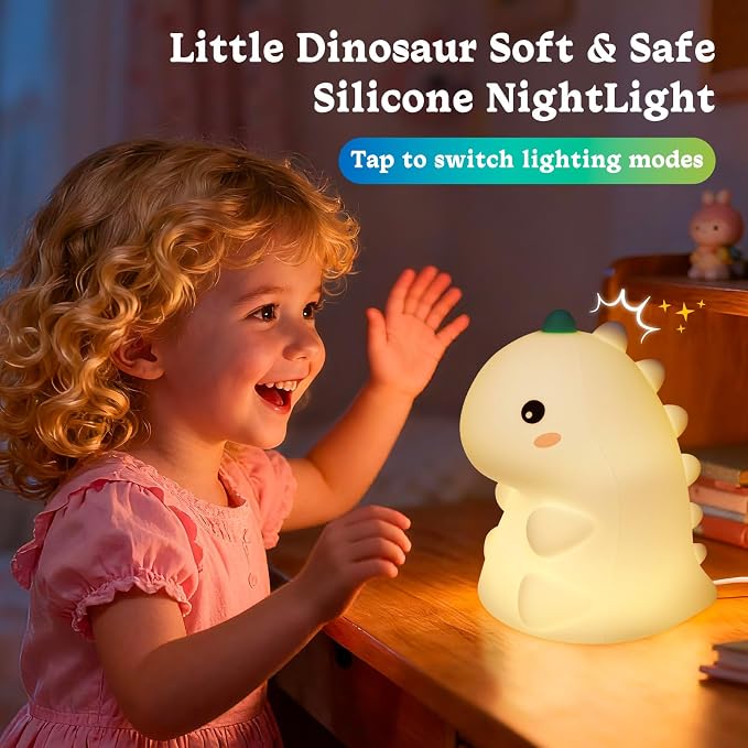 Dinosaur Night Light for Kids, Rechargeable Portable Nightlight, Soft Silicone Touch Night Lamp with 3 Levels Dimmable, Cute Lamp for Nursery, Baby, Kids and Adults Room Decor