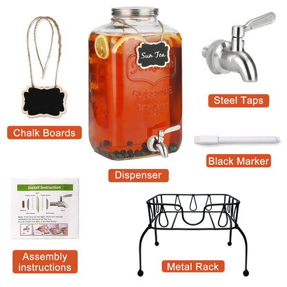 2 Gallon Glass Drink Dispenser with Stand, Stainless Steel Leakproof Spigot and Lid, Glass Drink Dispensers for Parties, Water Beverage Dispenser