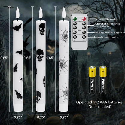 GenSwin Flameless Taper Candles with Remote Timer, 6Pcs LED Flickering Taper Candles Battery Operated Real Wax with Spider Webs/Skull/Bats Decals for Halloween Spooky Decoration (White, 0.78”x9.65”)