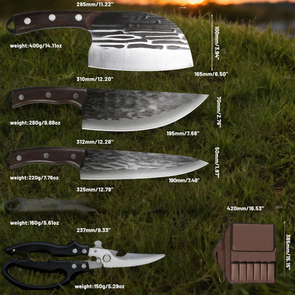 KOFERY Hand Forged Butcher Knife Set with Full Tang Damascus Steel for Pit Master BBQ, Smoking Meat and Meat Carving, Including Roll Bag, Shears and Sharpener for Outdoor Camping Gifts for Men