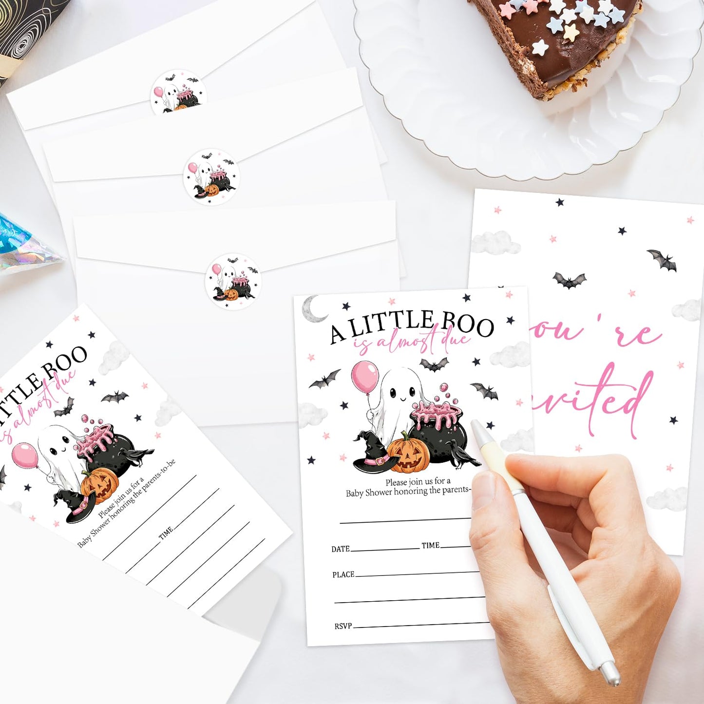 Smenudlli Pink A Little Boo Baby Shower Invitation, Halloween Invites Cards with Envelopes and Sticker (20 Pack), Cute Ghost Baby Shower Decorations Supplies /21