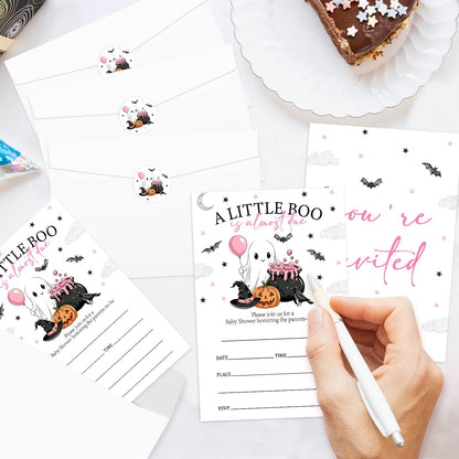 Smenudlli Pink A Little Boo Baby Shower Invitation, Halloween Invites Cards with Envelopes and Sticker (20 Pack), Cute Ghost Baby Shower Decorations Supplies /21