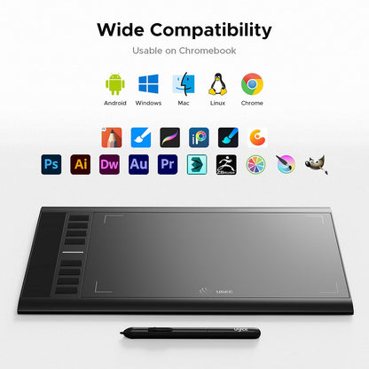 Graphics Drawing Tablet, UGEE M708 10 x 6 inch Large Digital Drawing Pad with 8 Hot Keys 8192 Levels Pen, Graphic Tablets for Computer Graphic Board Creation Sketch for PC/Laptop/Mac OS/Linux/Chrome