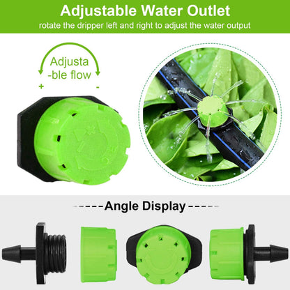 Kalolary 200Pcs Adjustable Irrigation Drippers, 1/4 Inch Barbed Drip Emitter 360 Degree Watering Sprinklers Anti-Clogging Drippers for 4mm/7mm Garden Watering System（Green）