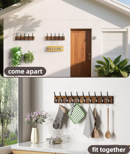 Optish 2 Pack Wooden Coat Rack Wall Mount, 16.1" Rustic Coat Hanger Hooks with 10 Double Hooks, Wall Coat Rack for Hat, Clothes, Bags, Jacket, Brown