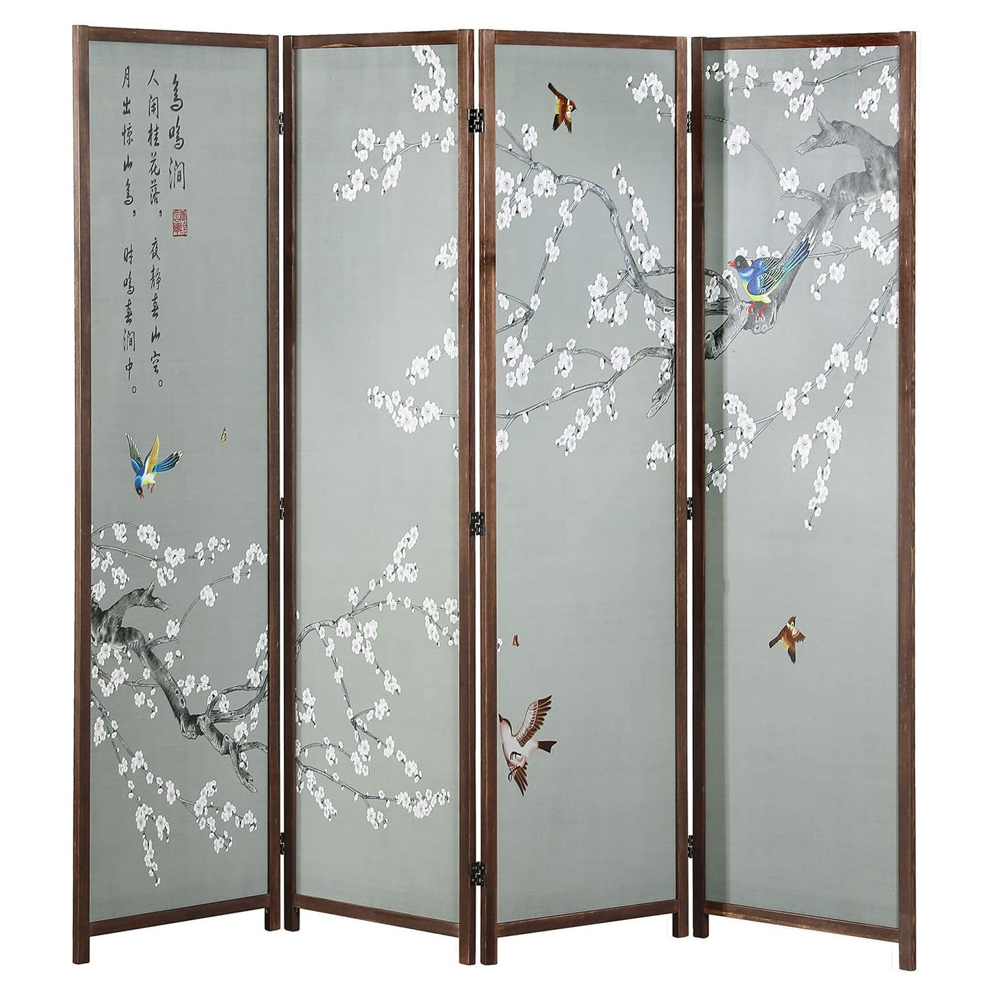 MyGift 4-Panel Asian-Inspired Folding Room Divider with Cherry Blossom Tree & Bird Design Poetry Calligraphy and Brown Wooden Frame 78''W x 70.5''H(6FT)