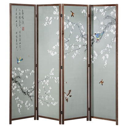 MyGift 4-Panel Asian-Inspired Folding Room Divider with Cherry Blossom Tree & Bird Design Poetry Calligraphy and Brown Wooden Frame 78''W x 70.5''H(6FT)