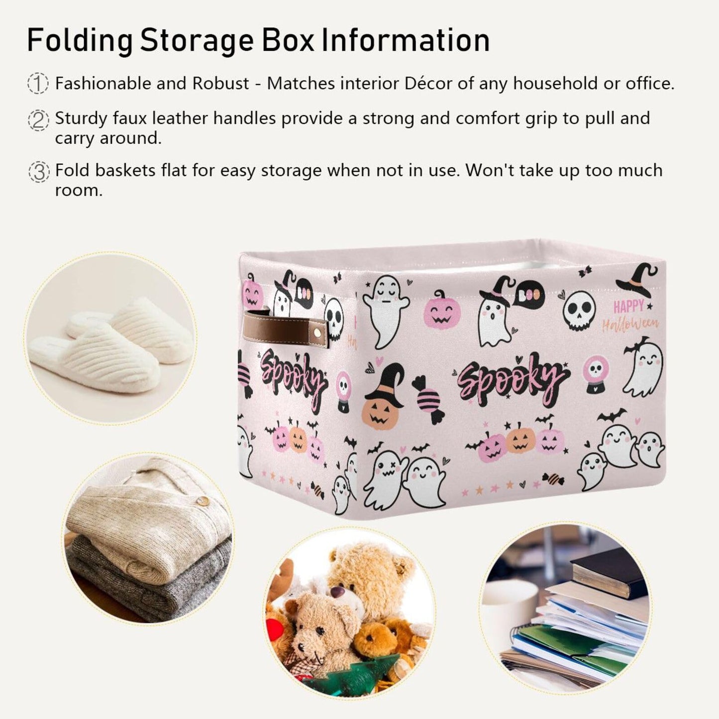 Sletend Foldable Canvas Storage Basket with Handles Halloween Cartoon Ghost Durable Storage Bin Organizer for Nursery Kids Shelves Desks Printed Canvas Storage Basket