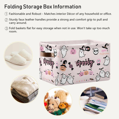 Sletend Foldable Canvas Storage Basket with Handles Halloween Cartoon Ghost Durable Storage Bin Organizer for Nursery Kids Shelves Desks Printed Canvas Storage Basket