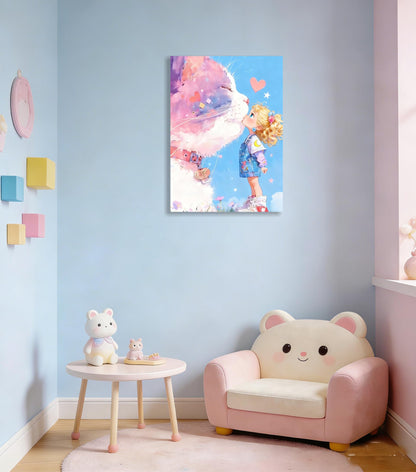 16x24 Giant Pink Cat Kissing Little Girl Canvas Wall Art - Cute Whimsical Kids Kawaii Room Decor, Pastel Dreamy Nursery Wall Poster, Cartoon Framed Animal Artwork for Bedroom Bathroom Living Room