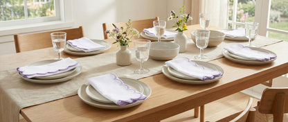 PurpleEssences Scalloped Embroidery Cloth Napkins - Spring Easter Summer - Table Decor - 100% Cotton - Set of 4-18x18 inch (White(Edges- Lavender), 18 x 18 Inch)