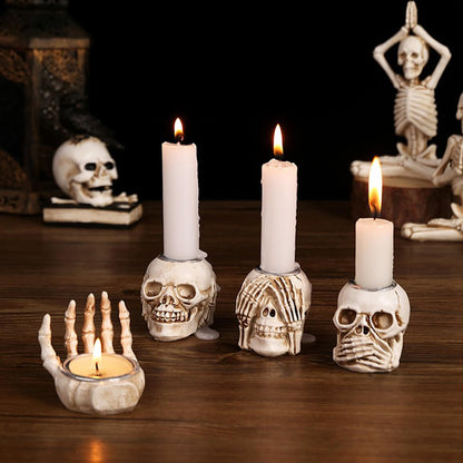 Whaline 4Pcs Halloween Candle Holder Gothic Skeleton Palm Skull Decor Mini Candlestick Holder Resin Tealight Holder for Home Tabletop Spooky Theme Party Decor Supplies
