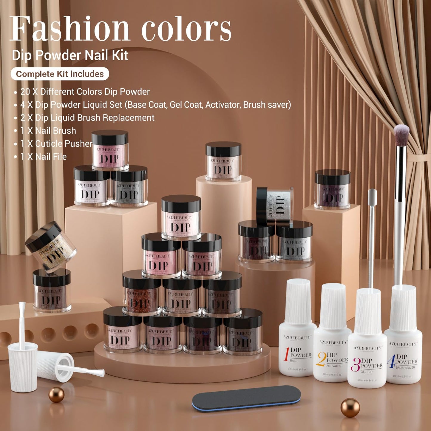 AZUREBEAUTY 31 Pcs Dip Powder Nail Kit 20 Colors Glitter Nude Brown Pink White Gray Dip Powder Liquid Set with Top/Base Coat Activator for French Nails Art Manicure DIY Salon Women Valentine's Gift