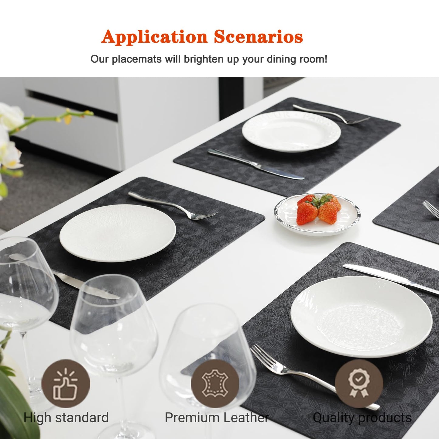 Bxzandya Vinyl Placemats Set of 4 Heat Resistant Easy Clean Non-Slip Place Mats for Dining Table. Faux Leather Waterproof Stain Resistant Wipeable Washable PU Table Mats(4, Black)