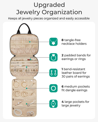 BAGSMART Jewelry Travel Case, Hanging Jewelry Organizer with Zipper Pockets, Large Capacity Puffy Jewelry Roll for Earrings, Necklaces, Rings on Closet, Wall, Door, Portable Travel Essentials, Black