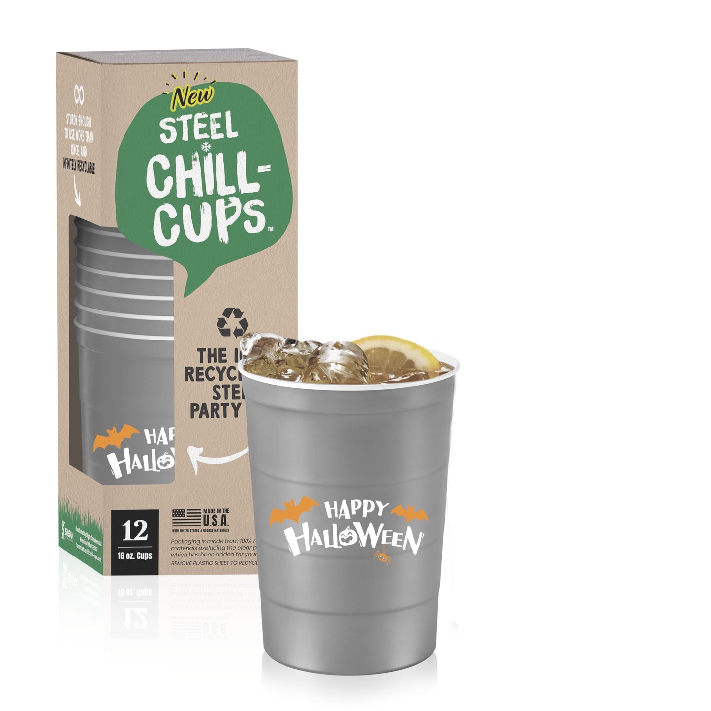 Steel Chill Cups 16 oz. Party Cups 'Happy Halloween' Ghost Design for Cold Drinks, Durable, Disposable, Recyclable, Made in USA, Gray, 12 Count