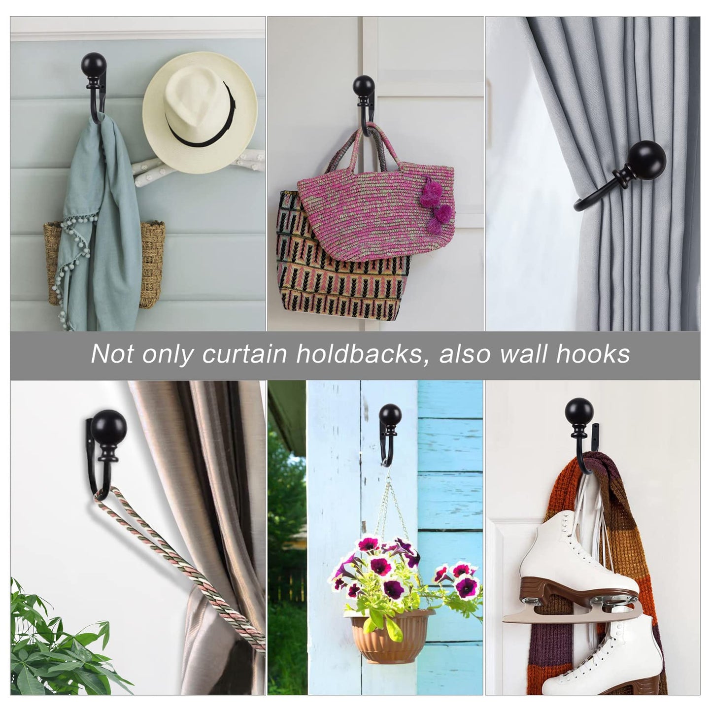 KAMANINA Curtain Holdbacks, Black Curtain Tiebacks Wall Mounted with Round Finials, Metal Curtain Pull Backs with Screws, Decorative Curtain Hooks for Drapes Bedroom (1 Pair/2 Pack, Small)