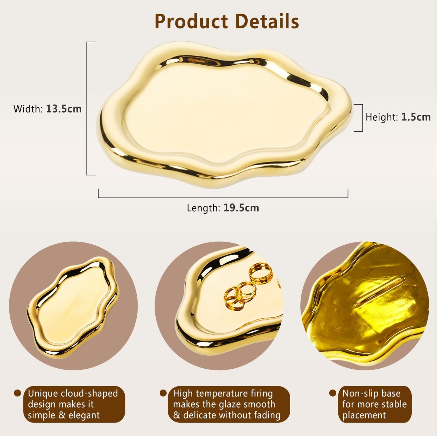 Ceramic Jewelry Dish for Women, Jewelry Tray Trinket Dish, Irregular Cloud Shape Ceramic Plate, Watch Keys Tray Ring Dish Holder for Mother's Day/Christmas/Thanksgiving/Birthday Gift(Gold)
