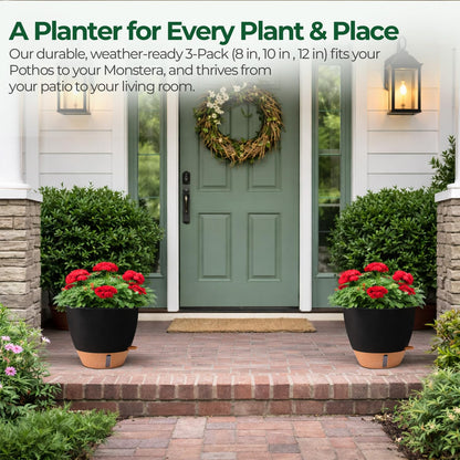 T4U 3 Pack Self Watering Pots (8"+10"+12") - Water Level Indicator & Deep Reservoir, Mess-Free Planters for Busy People, Beginners & Gardeners, Fits Pothos to Monstera, Indoor Outdoor Use (Black)
