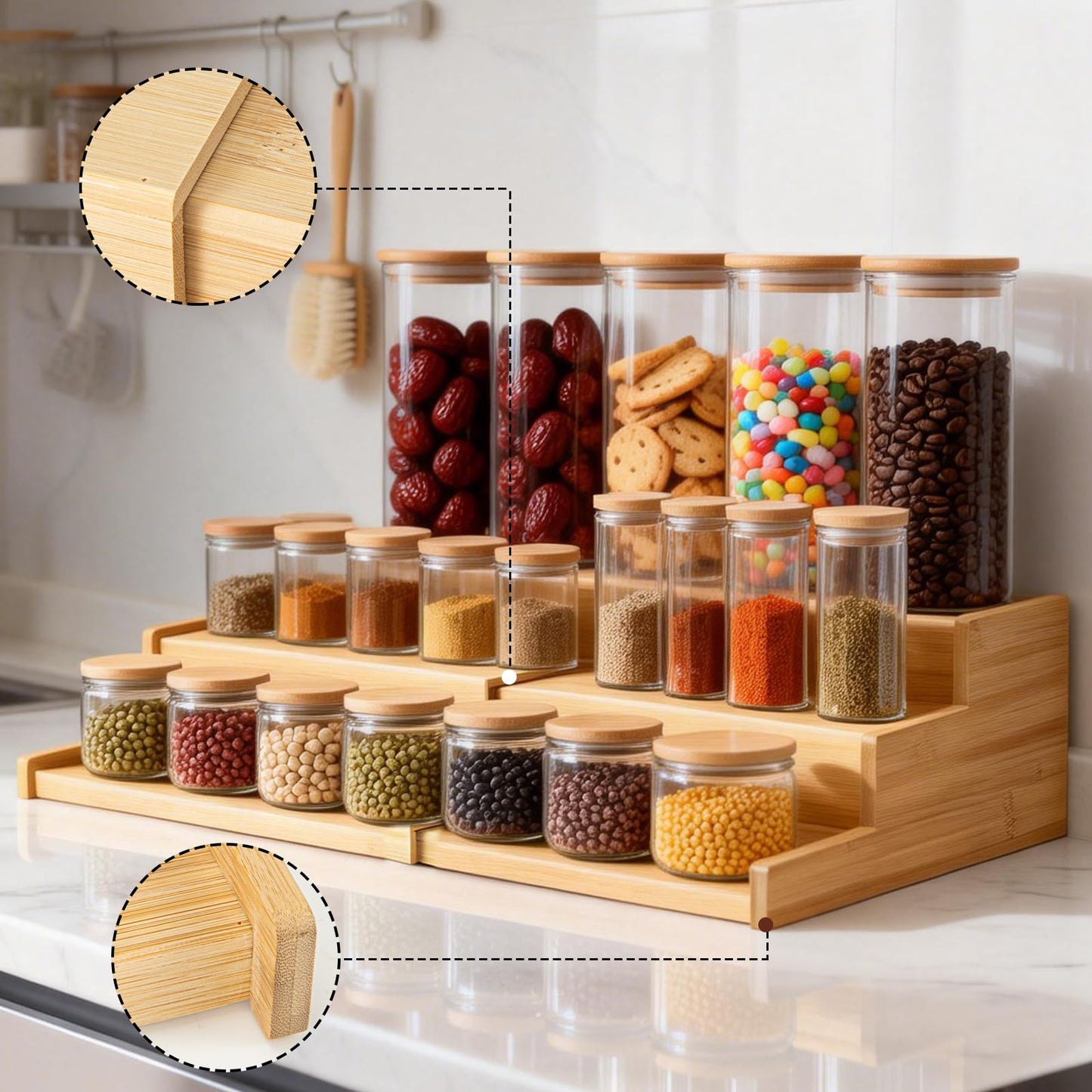 Nhohobiy 3-Tier Expandable Bamboo Mug Holder Shelf Rack For Countertop Coffee Cup Holder Display, Pantry Can Organizer for Cabinet, Coffee Bar Organizer for Kitchen