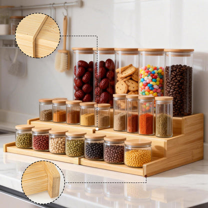 Nhohobiy 3-Tier Expandable Bamboo Mug Holder Shelf Rack For Countertop Coffee Cup Holder Display, Pantry Can Organizer for Cabinet, Coffee Bar Organizer for Kitchen