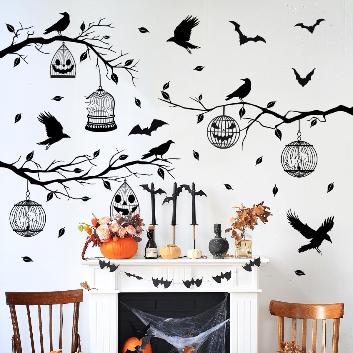 Halloween Wall Decals Black Tree Branches Bat Wall Stickers Large Removable Halloween Wall Clings Decor DIY Art for Home Wall Window Door